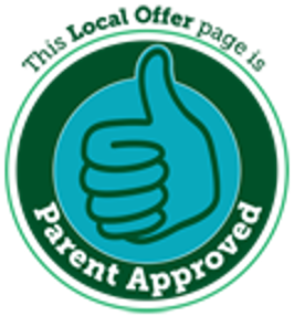 A circle with a green background and a light blue thumbs up symbol inside the circle with the words This Local Offer Page is Parent Approved