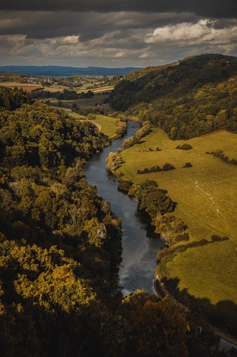 River through fields and trees
