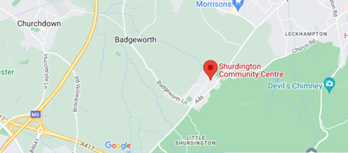 Map showing the location of Carers Rights Day location - Shurdington Community Centre, Bishop Road, Shurdington, Cheltenham, GL51 4TB