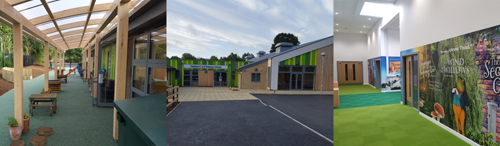 Three photos of the interior and exterior of Fairford C of E Primary School