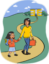 A cartoon-style drawing of Parent Carer and Child walking to school on the first day in Reception