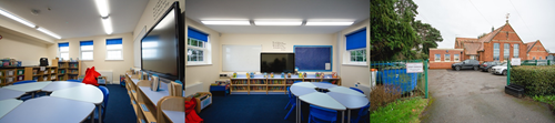 Three photos of the interior and exterior of Slimbridge Primary School