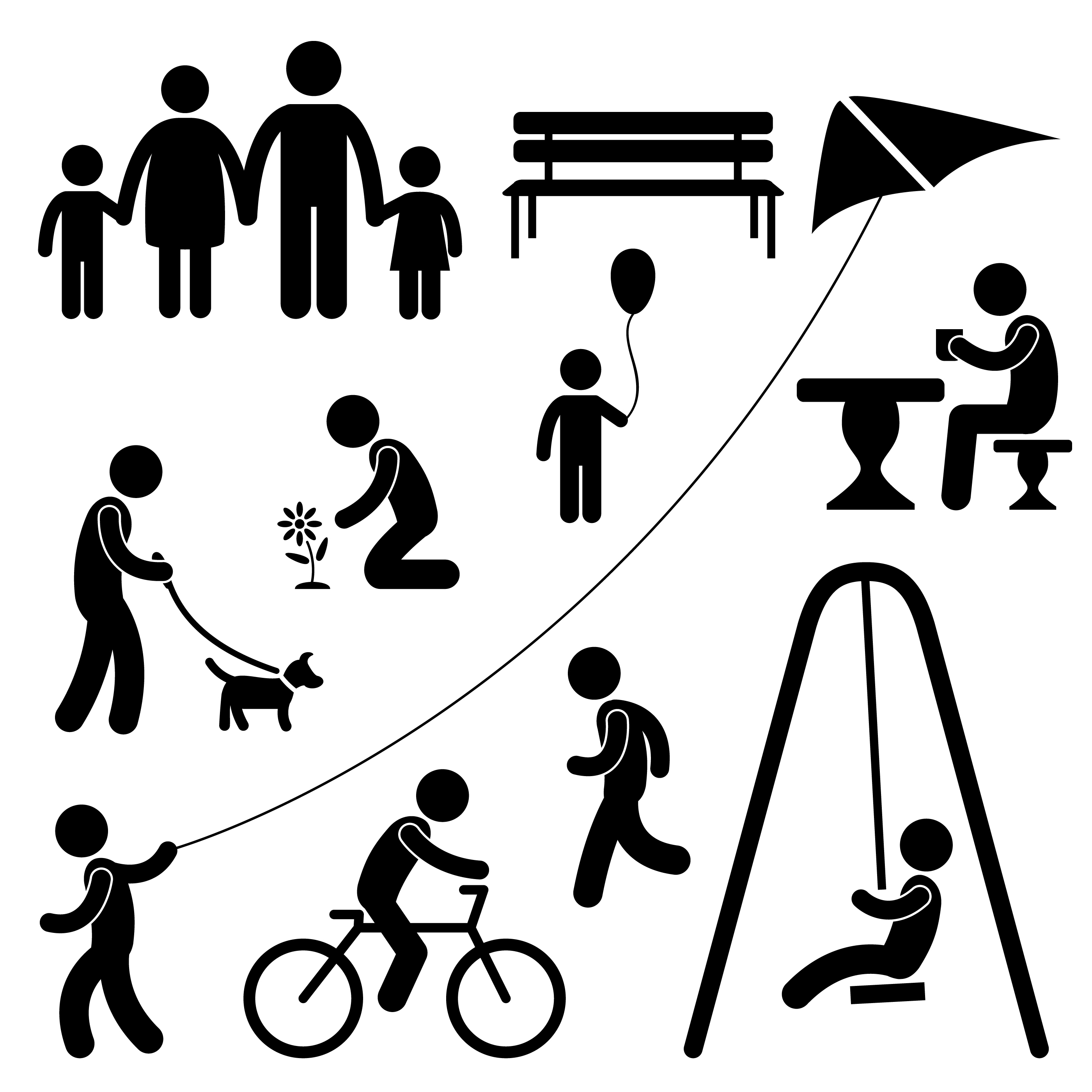 Black and white pictogram of activities in a park inclusing cycling, playing on a swing, flying a kite, eating, enjoying flowers, walking a dog, sutting on a bench, being with others