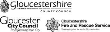 The logos of Gloucestershire County Council, Gloucester City Council and Gloucestershire Fire and Rescue Service