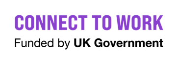 A logo that says ‘Connect to work’ written in purple and ‘funded by UK Government’ underneath it, written in black.