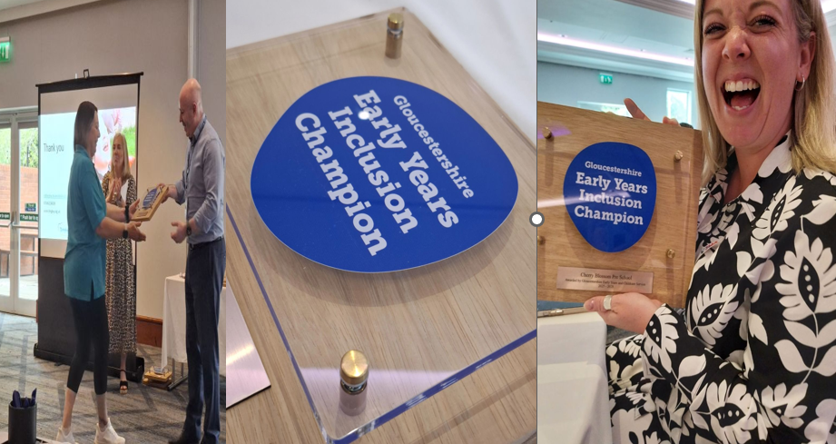 Photographs of awards being presented and received from the most recent Early Years Inclusion Champion event