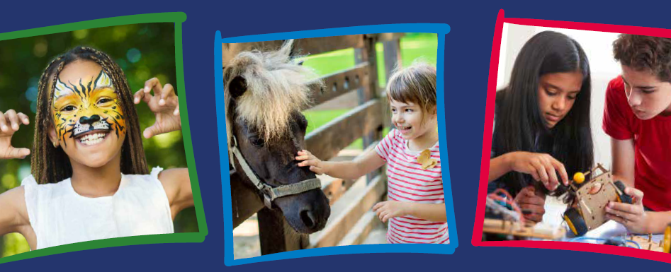 Children with their faces painted, stroking a pony and undertaking  craft activity