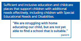 Sufficient and inclusive education and childcare places that support children with additional need effectively, including children with SEND. "We are struggling with home educating our child, but are not yet able to find a school that is suitable." - Parent