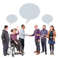 People meeting with speech bubbles above them