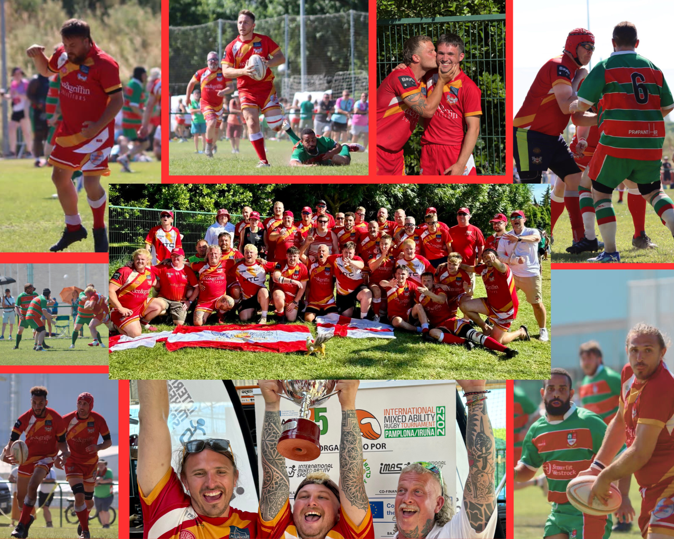 Collage of photos of Longlevens Men’s Mixed Ability competing in the International Mixed Ability Rugby Tournament (IMART).