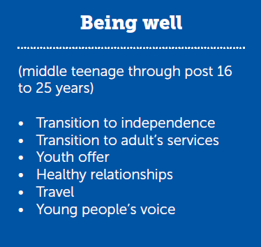 Being well (middle teenage through post 16 to 25 years). Transition to independence • Transition to adult’s services • Youth offer • Healthy relationships • Travel • Young people’s voice