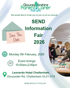 A green envelope with a pink invite that says ‘save the date’. The information below says GPCF SEND Information Fair, Monday 9th February, 2026