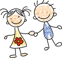 A cartoon of a young girl and boy holding hands