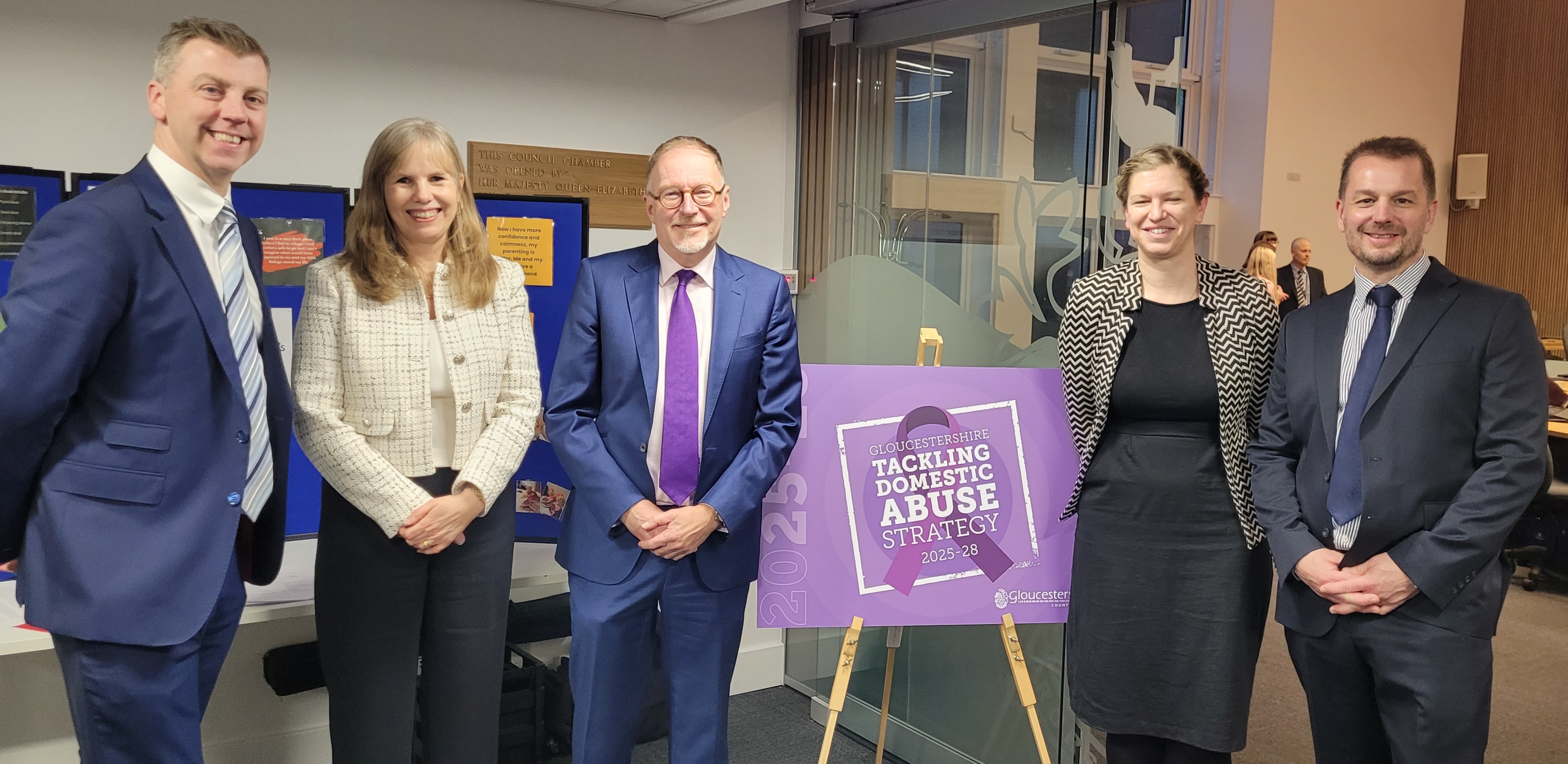 Nick Evans, Deputy Police and Crime Commissioner for Gloucestershire | Sarah Truelove, Chief Executive, NHS Gloucestershire Integrated Care Board | Cllr Paul Hodgkinson, Lead Cabinet Member for Public Health | Siobhan Farmer, Director of Public Health, Gloucestershire County Council | Ian Fletcher, Detective Superintendent and Domestic Abuse Lead, Gloucestershire Constabulary