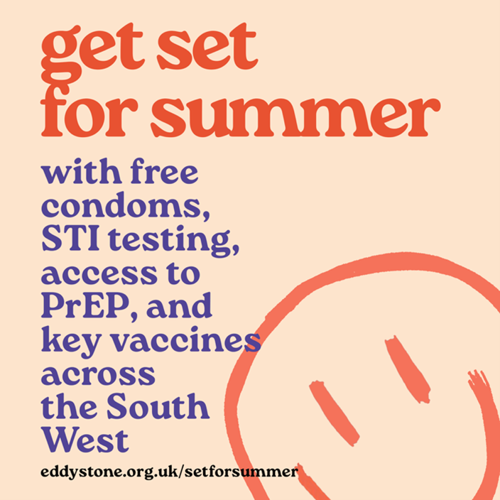 Get Set for Summer logo of a smiley face with text stating 'free condoms, STI testing and access to PrEP, across the South West