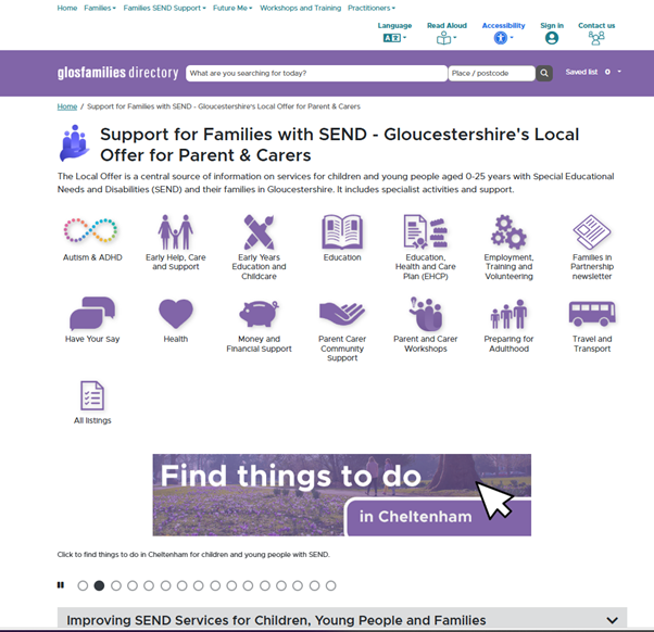 Screenshot of July 2025 SEND Local Offer homepage and activities carousel