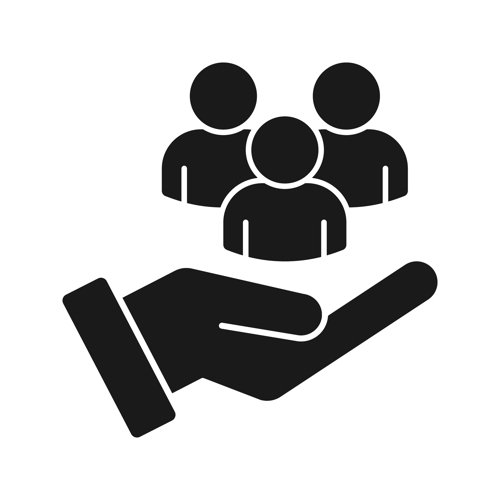 A graphic in black of three people held in the palm of a hand