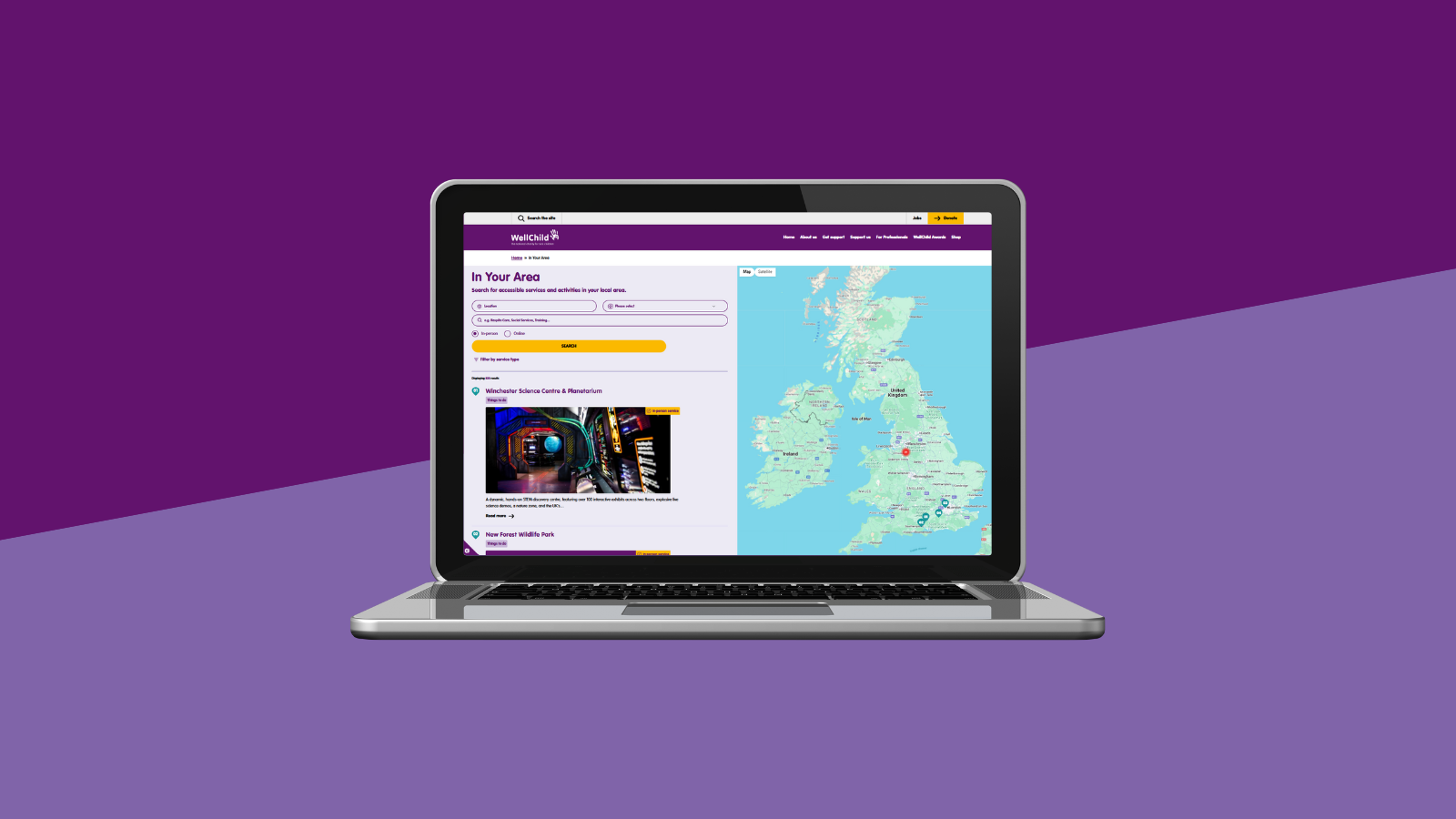 Laptop displaying WellChild In your Area platform